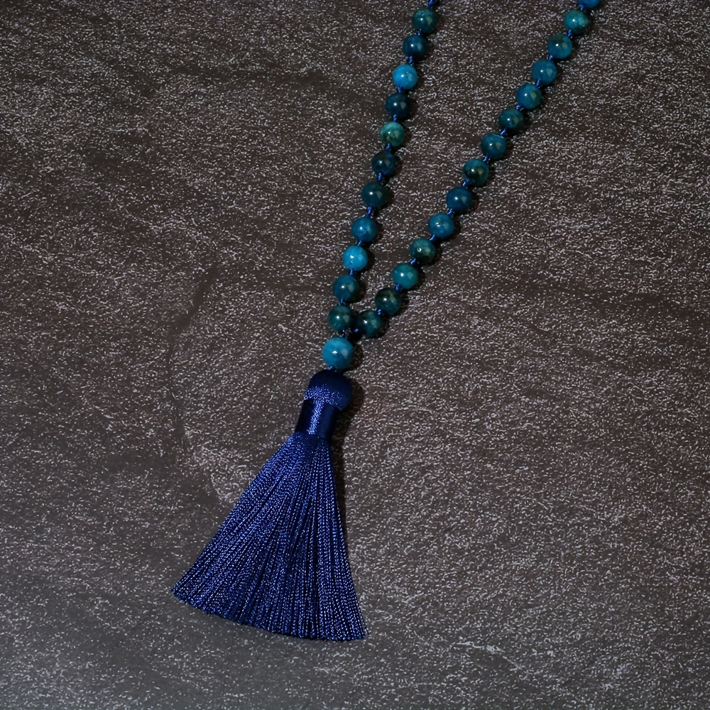 Men's Natural Phosphorite Bead Necklace Green 108 Beads Tassel Pendant